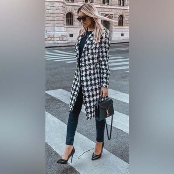 NWT Luxury Minimalist Zara Houndstooth Tweed Fringe Double Breasted Coat - Picture 3 of 17